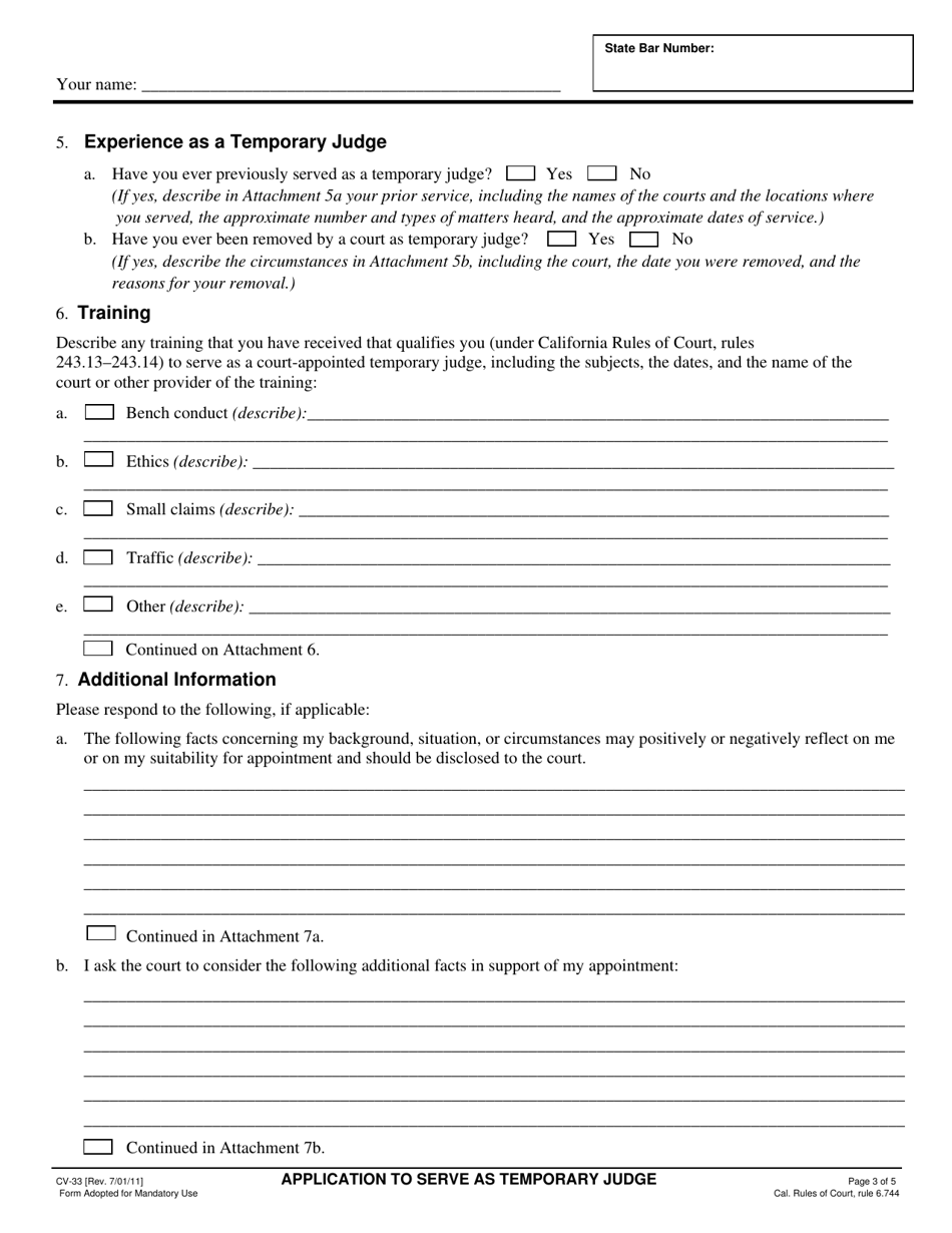 Form CV-33 Application to Serve as Temporary Judge - County of Sonoma, California, Page 3