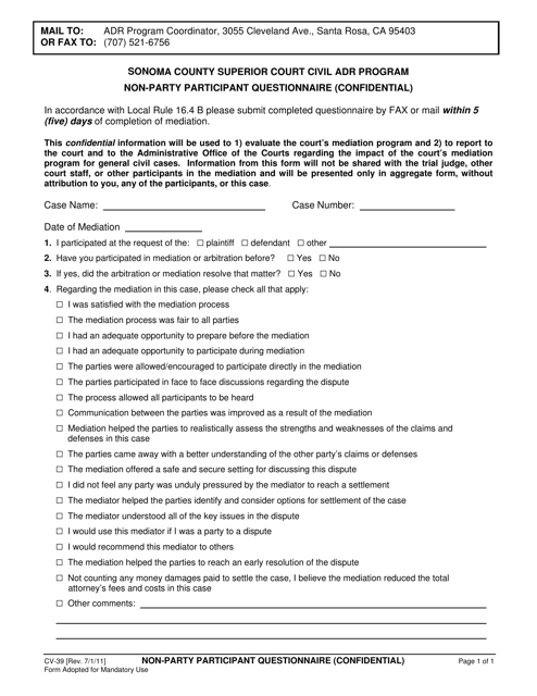 Form CV-39 Non-party Participant Questionnaire (Confidential) - Civil Adr Program - County of Sonoma, California