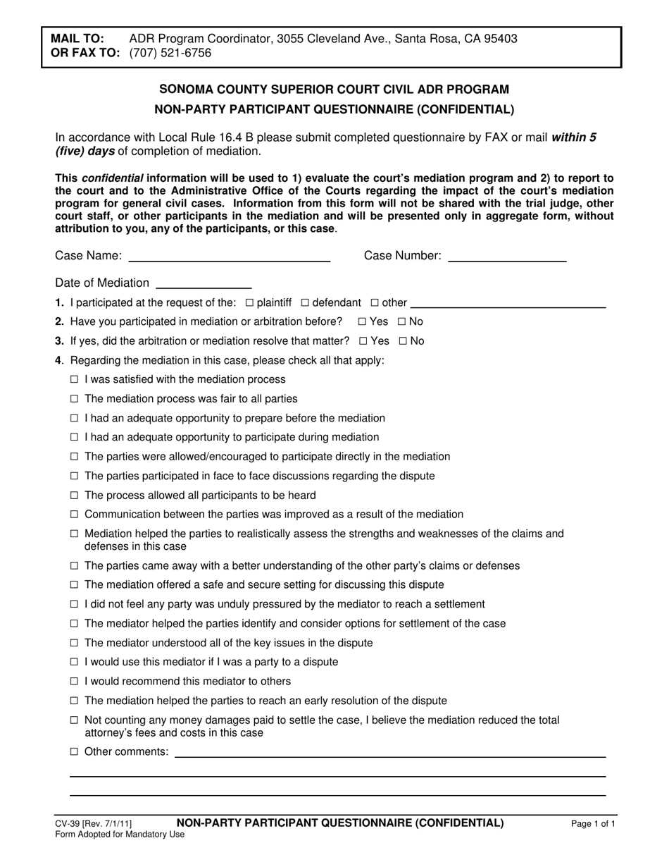 Form CV-39 Non-party Participant Questionnaire (Confidential) - Civil Adr Program - County of Sonoma, California, Page 1