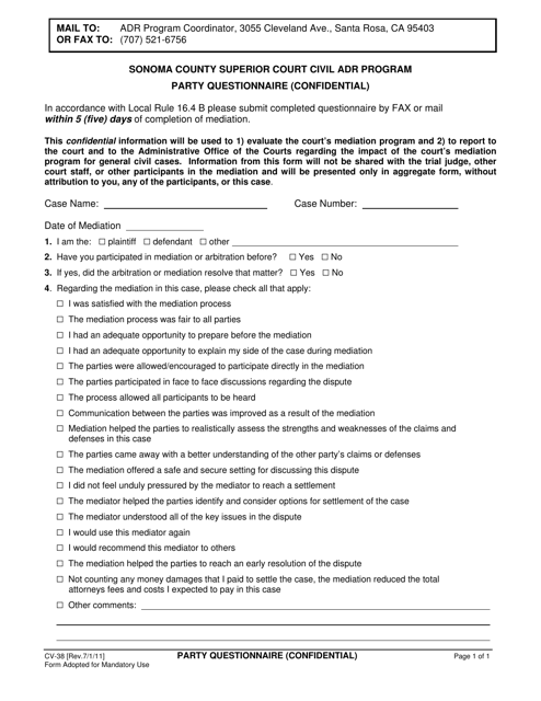 Form CV-38 Party Questionnaire (Confidential) - Civil Adr Program - County of Sonoma, California