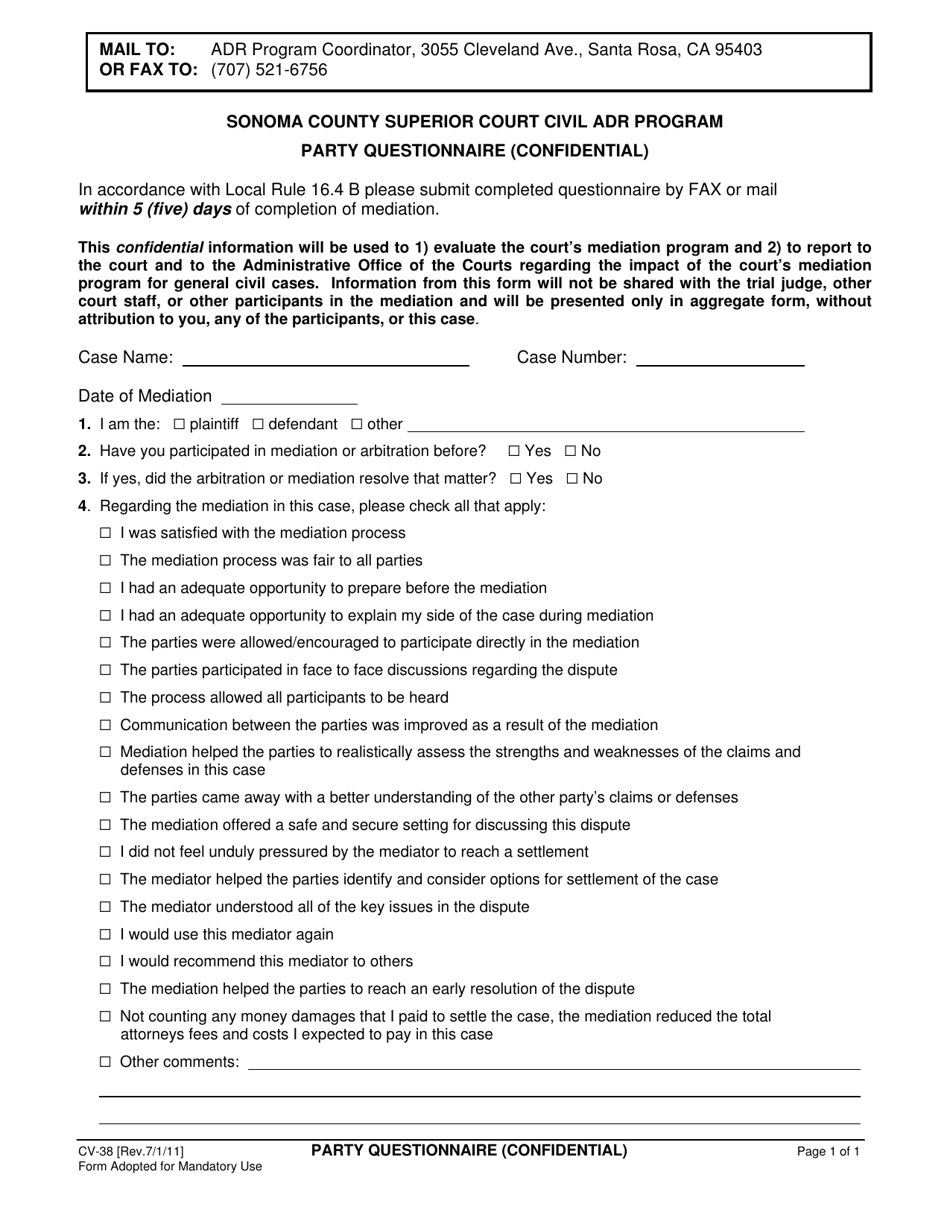 Form CV-38 Party Questionnaire (Confidential) - Civil Adr Program - County of Sonoma, California, Page 1