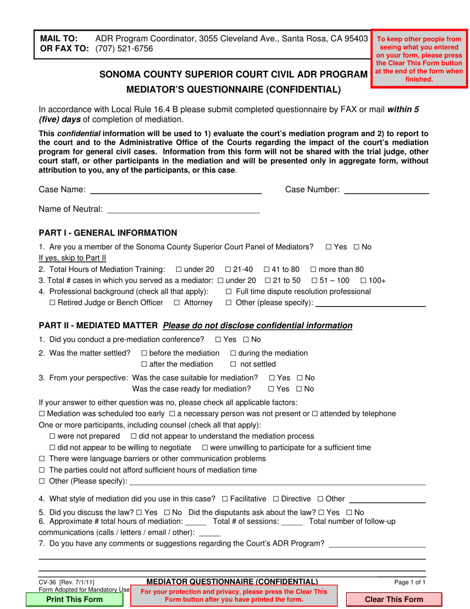 Form CV-36 Mediators Questionnaire (Confidential) - Civil Adr Program - County of Sonoma, California, Page 1