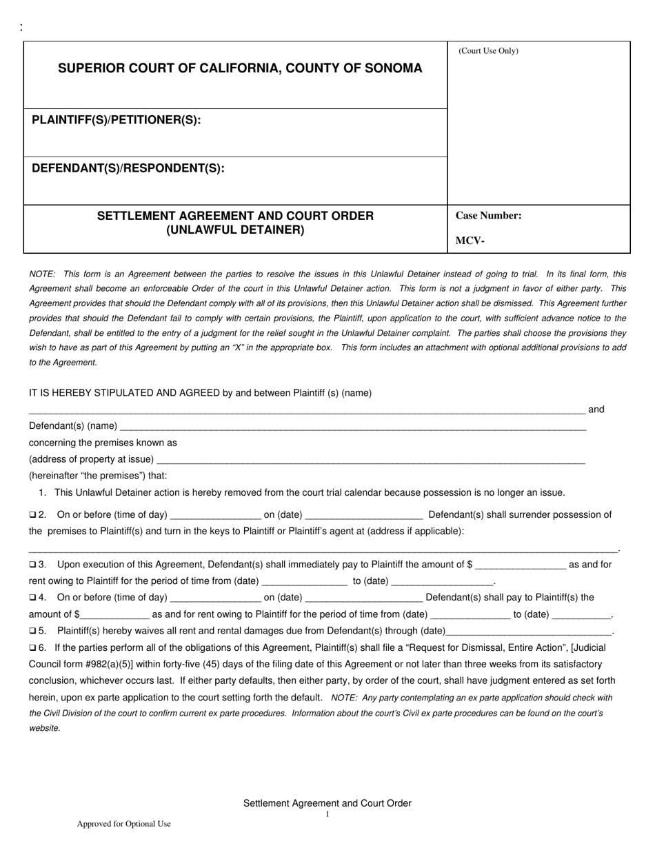 Settlement Agreement and Court Order (Unlawful Detainer) - County of Sonoma, California, Page 1