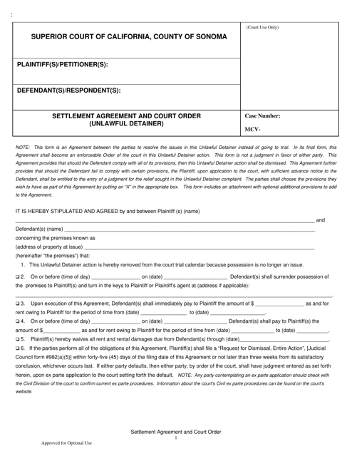 Settlement Agreement and Court Order (Unlawful Detainer) - County of Sonoma, California Download Pdf
