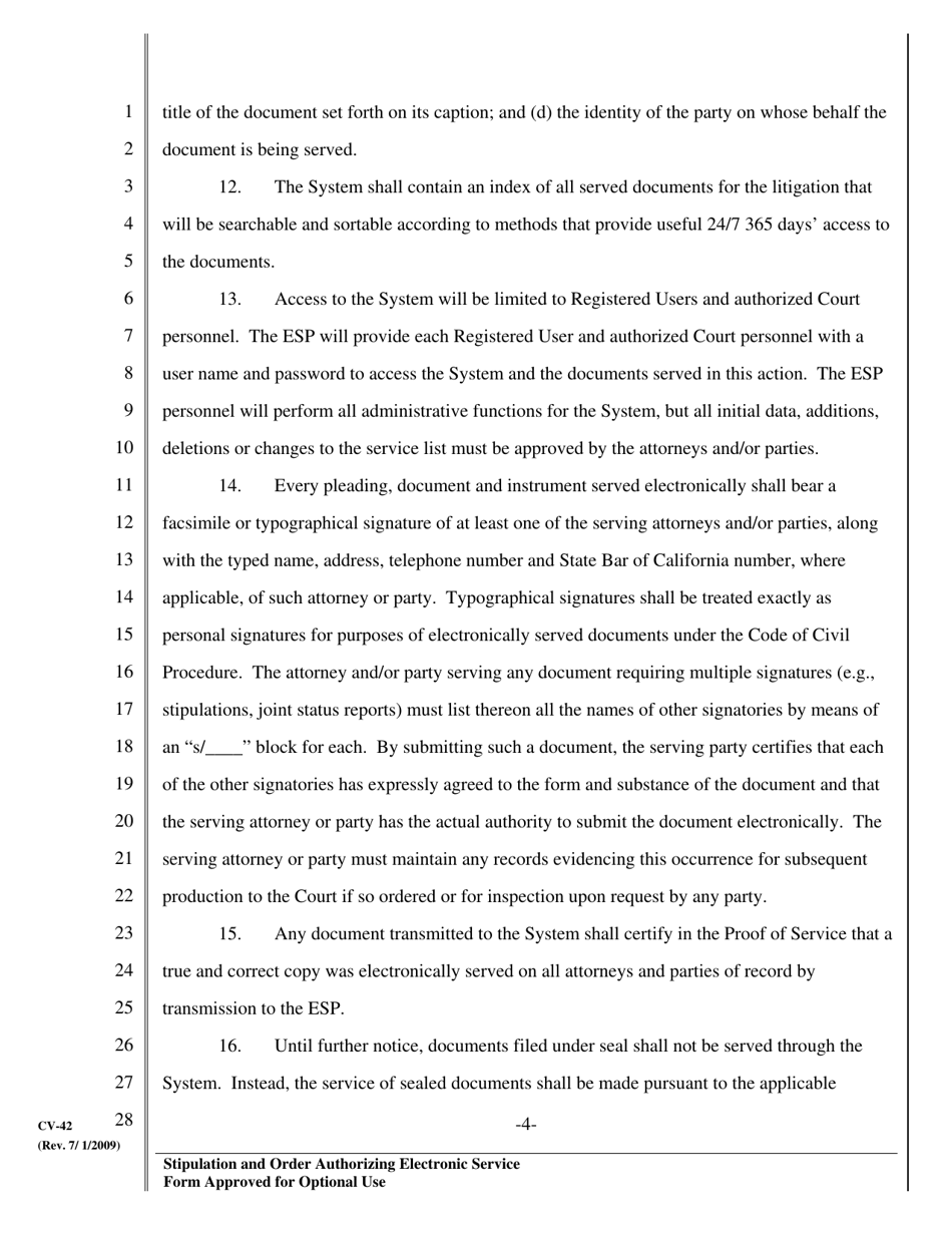 Form CV-42 Stipulation and Order Authorizing Electronic Service - County of Sonoma, California, Page 4