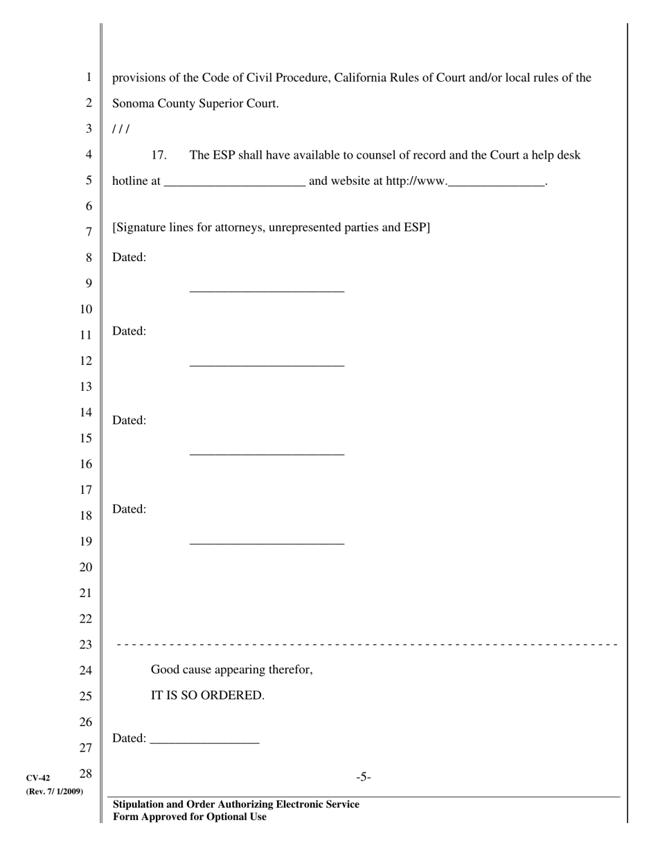 Form CV-42 Stipulation and Order Authorizing Electronic Service - County of Sonoma, California, Page 5