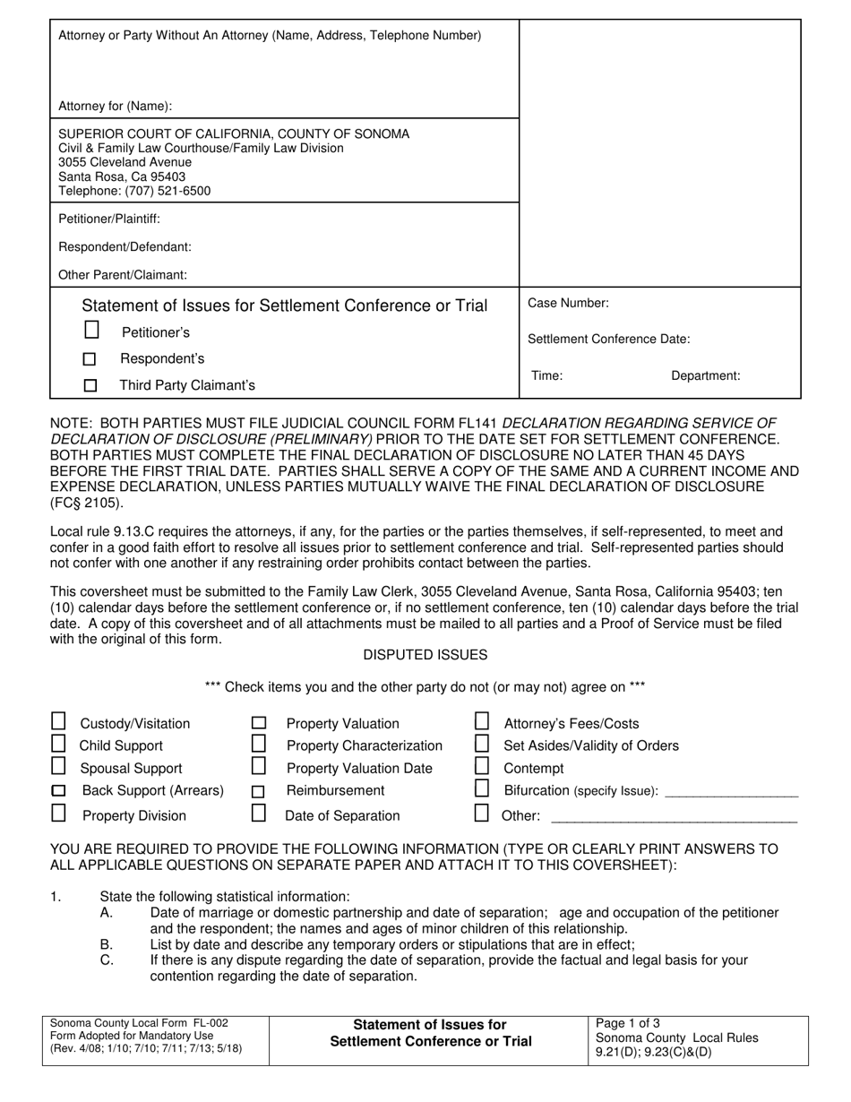 Form FL-002 Statement of Issues for Settlement Conference or Trial - County of Sonoma, California, Page 1