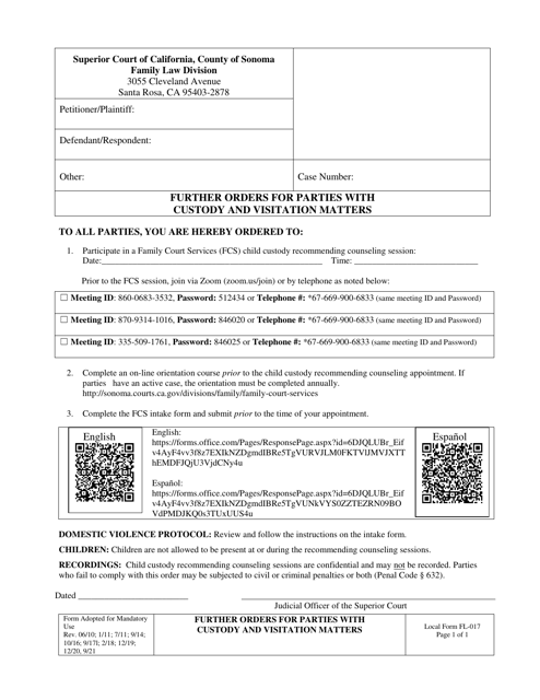 Form FL-017 Further Orders for Parties With Custody and Visitation Matters - County of Sonoma, California