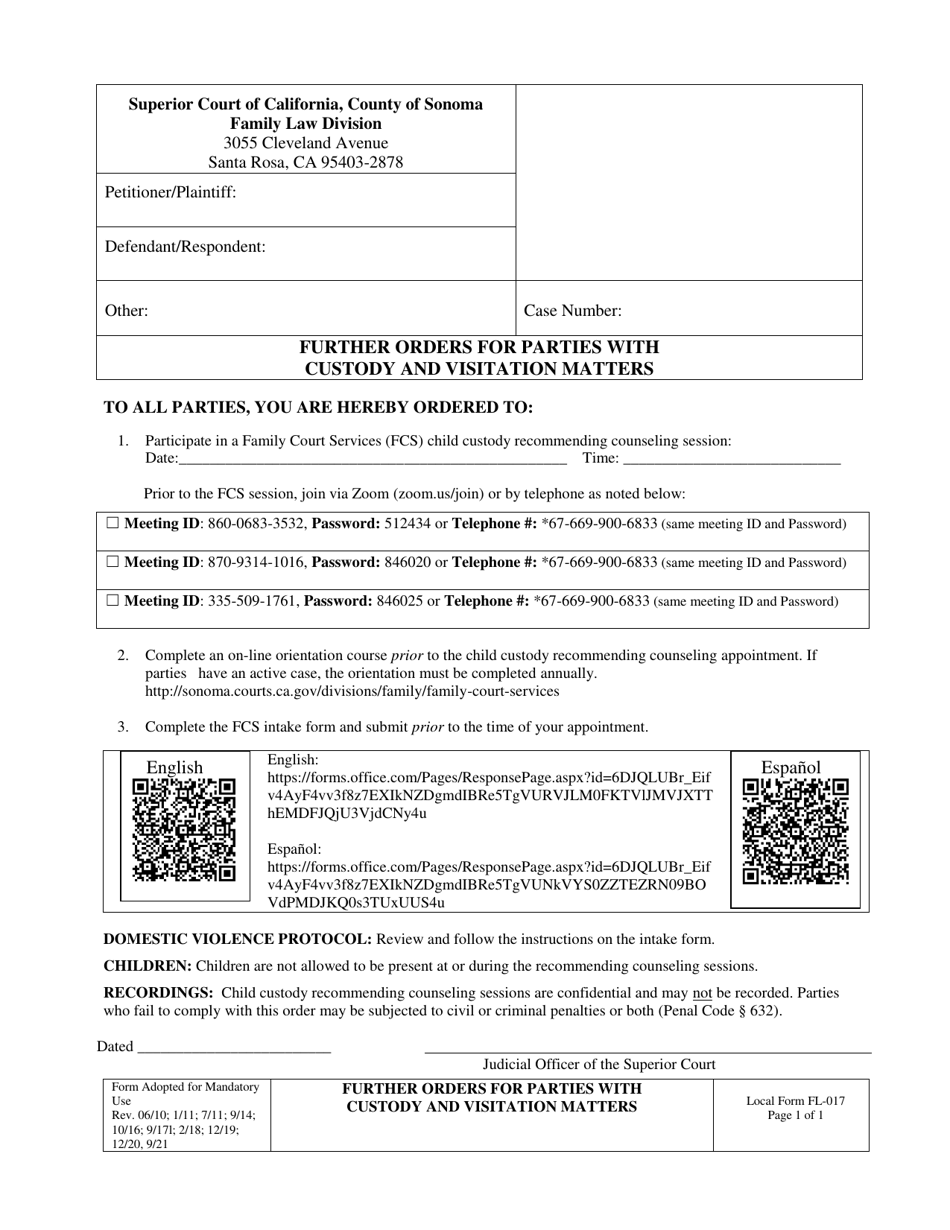 Form FL-017 Further Orders for Parties With Custody and Visitation Matters - County of Sonoma, California, Page 1