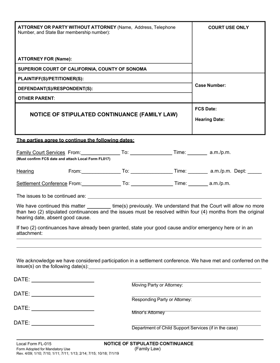 Form FL-015 Notice of Stipulated Continuance (Family Law) - County of Sonoma, California, Page 1