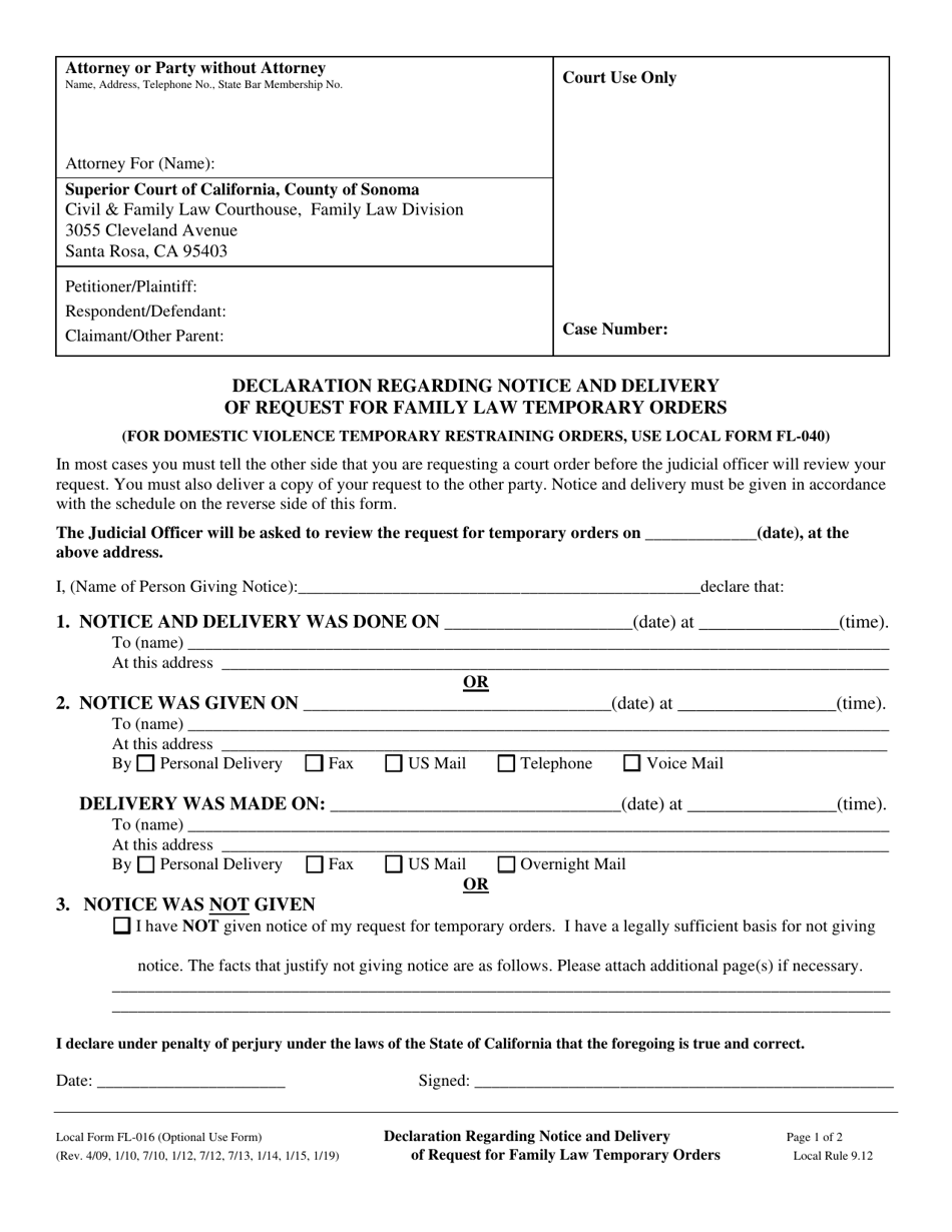 Form FL-016 Declaration Regarding Notice and Delivery of Request for Family Law Temporary Orders - County of Sonoma, California, Page 1