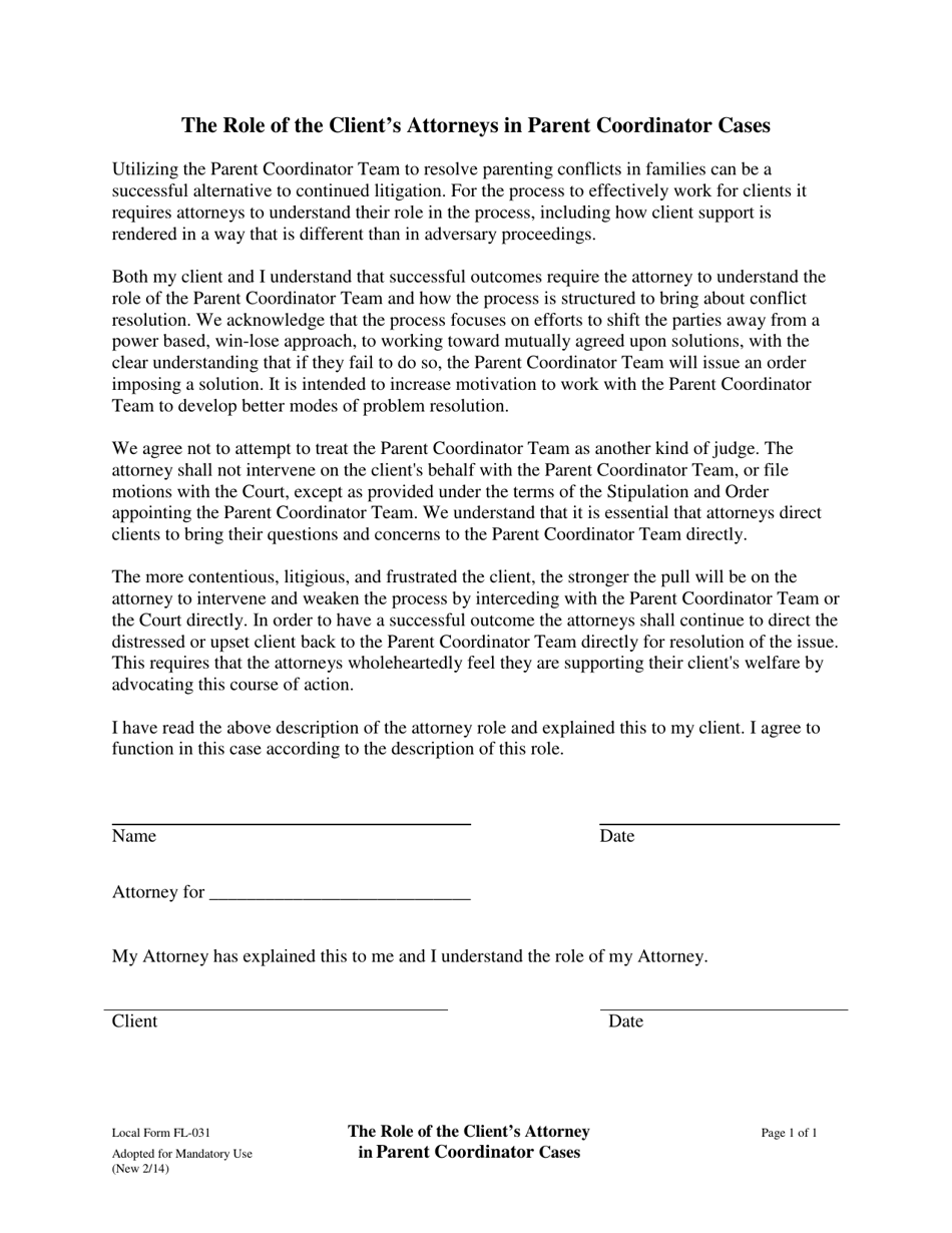 Form FL-031 The Role of the Clients Attorneys in Parent Coordinator Cases - County of Sonoma, California, Page 1