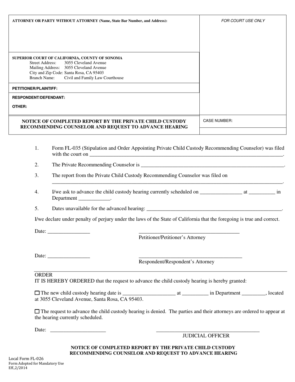 Form FL-026 Notice of Completed Report by the Private Child Custody Recommending Counselor and Request to Advance Hearing - County of Sonoma, California, Page 1