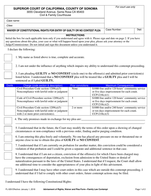 Form FL-029 Waiver of Constitutional Rights for Entry of Guilty or No Contest Plea - County of Sonoma, California