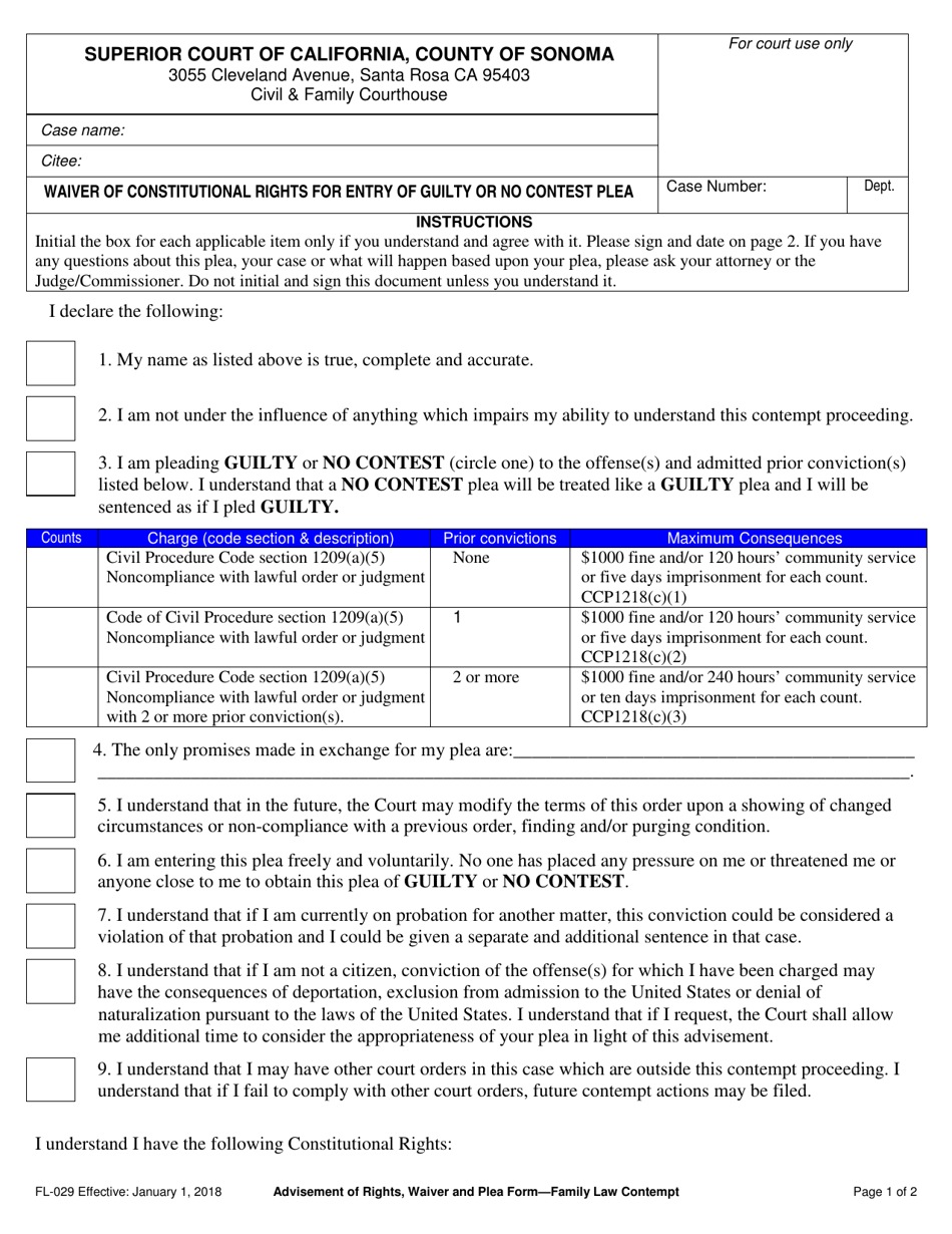 Form FL-029 Waiver of Constitutional Rights for Entry of Guilty or No Contest Plea - County of Sonoma, California, Page 1
