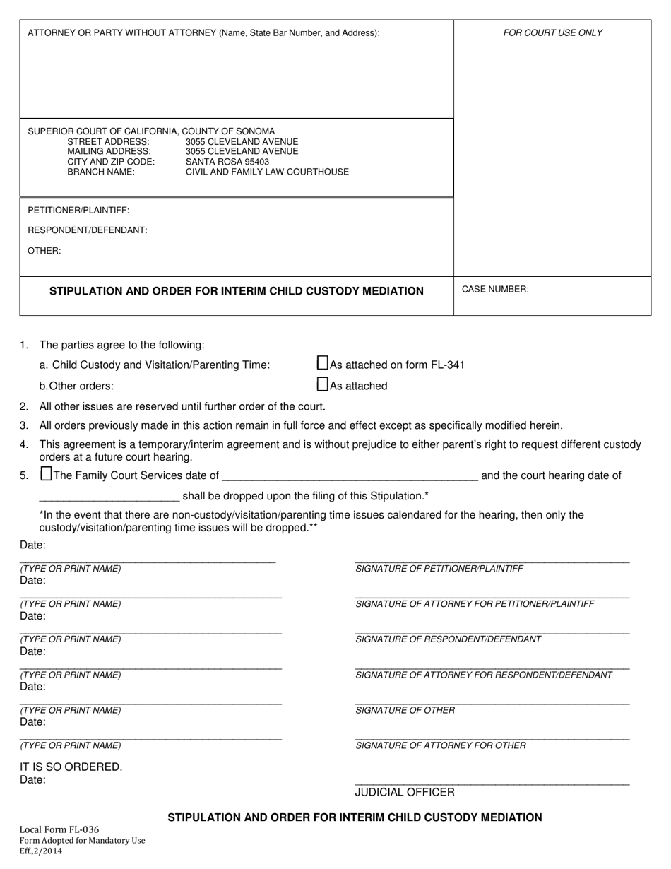 Form FL036 Stipulation and Order for Interim Child Custody Mediation - County of Sonoma, California, Page 1