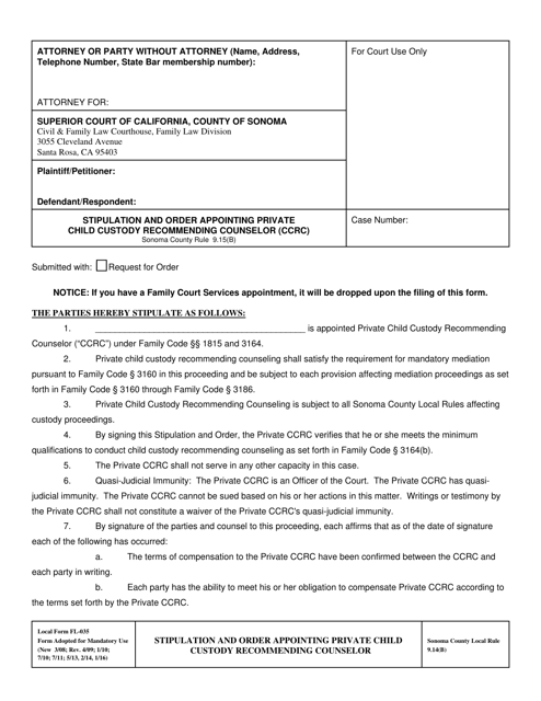 Form FL035 Stipulation and Order Appointing Private Child Custody Recommending Counselor (Ccrc) - County of Sonoma, California