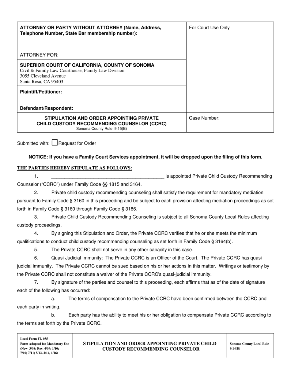 Form FL035 Stipulation and Order Appointing Private Child Custody Recommending Counselor (Ccrc) - County of Sonoma, California, Page 1