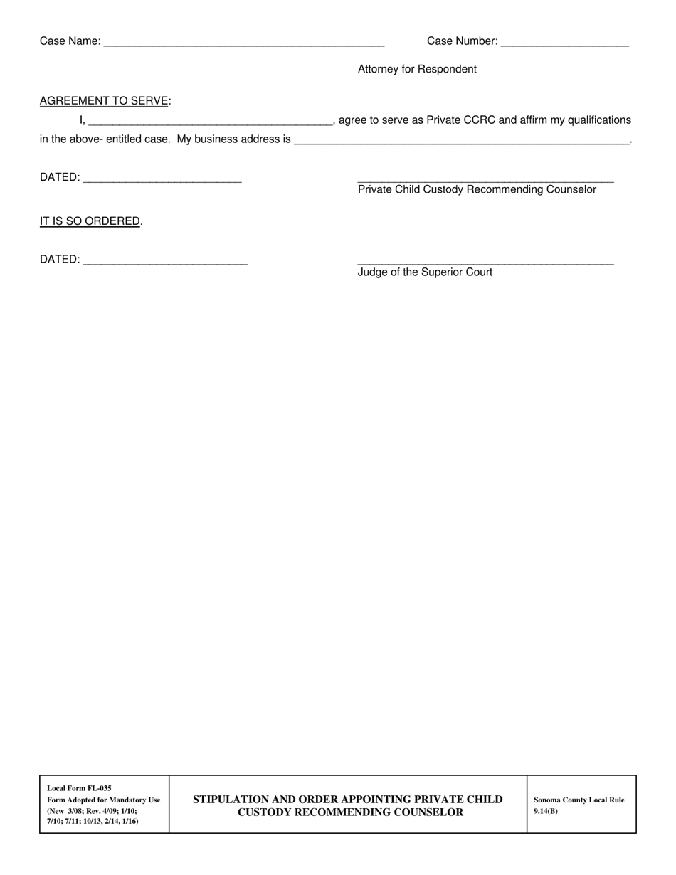 Form FL035 Stipulation and Order Appointing Private Child Custody Recommending Counselor (Ccrc) - County of Sonoma, California, Page 3
