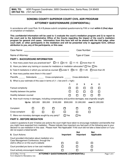 Form CV-37 Attorney Questionnaire - Civil Adr Program - County of Sonoma, California