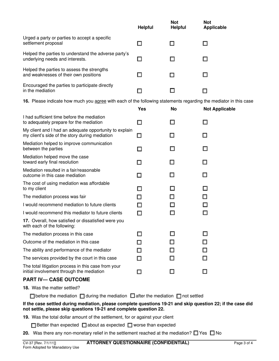 Form CV-37 Attorney Questionnaire - Civil Adr Program - County of Sonoma, California, Page 3