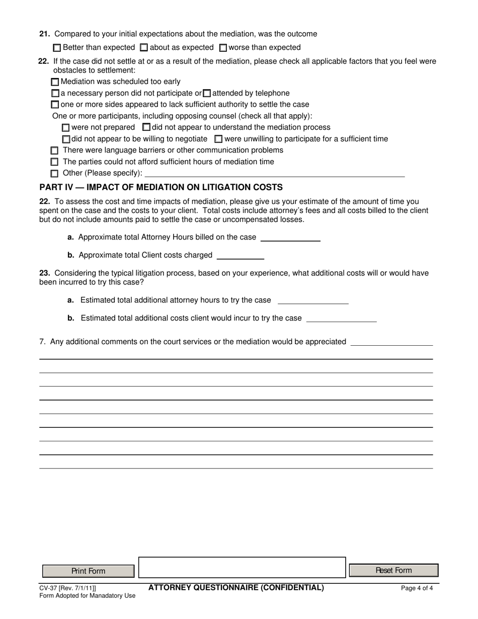 Form CV-37 Attorney Questionnaire - Civil Adr Program - County of Sonoma, California, Page 4