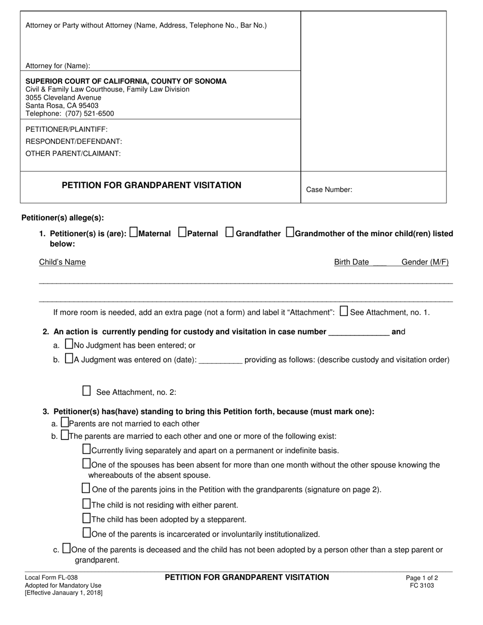 Form FL-038 Petition for Grandparent Visitation - County of Sonoma, California, Page 1