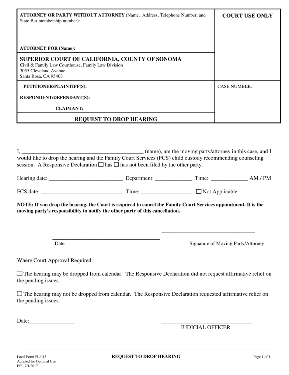 Form FL-042 Request to Drop Hearing - County of Sonoma, California, Page 1