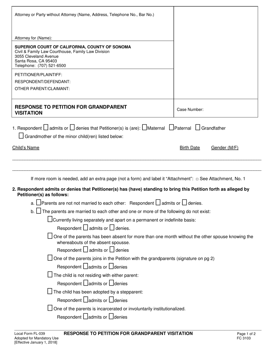 Form FL-039 Response to Petition for Grandparent Visitation - County of Sonoma, California, Page 1