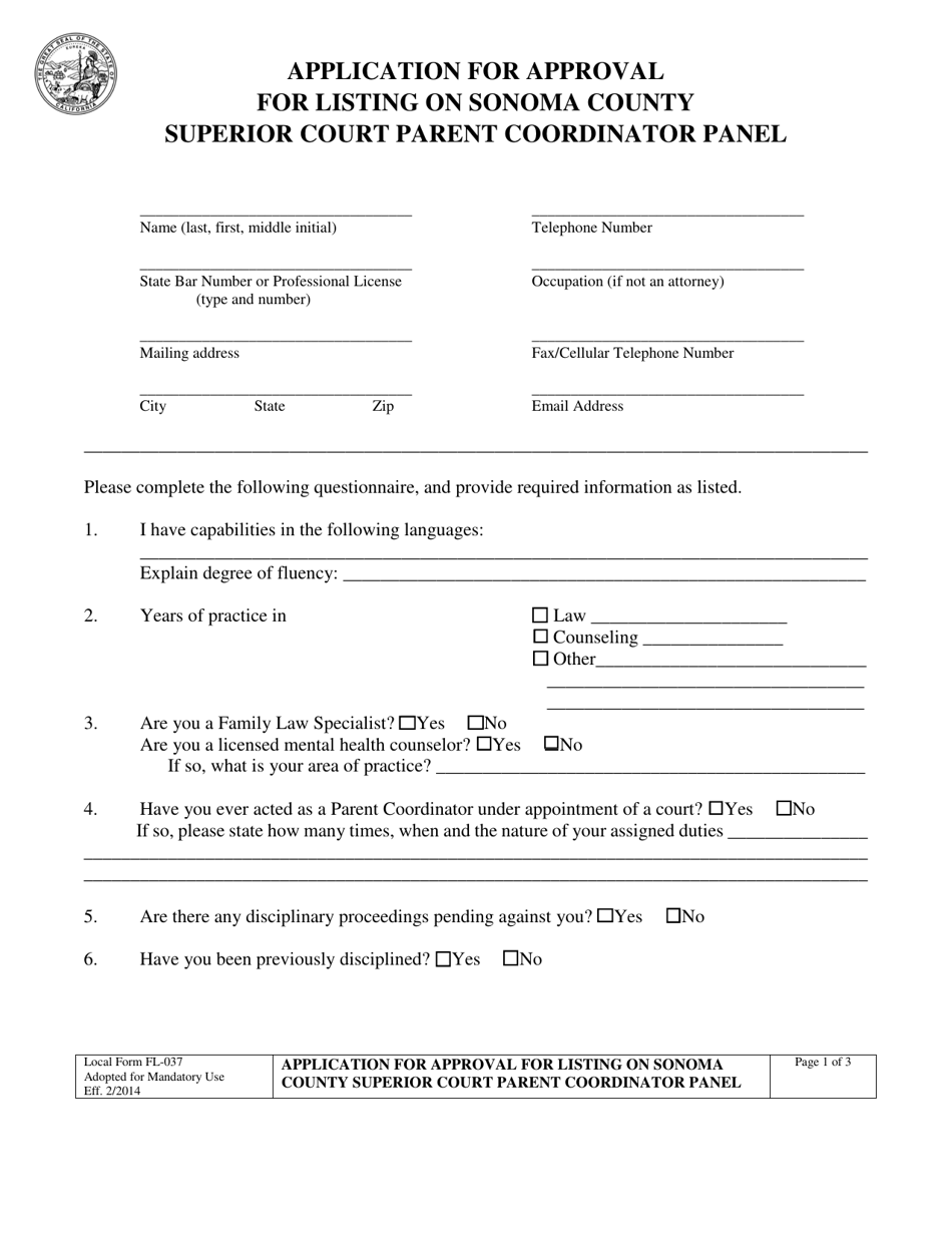 Form FL-037 Application for Approval for Listing on Sonoma County Superior Court Parent Coordinator Panel - County of Sonoma, California, Page 1