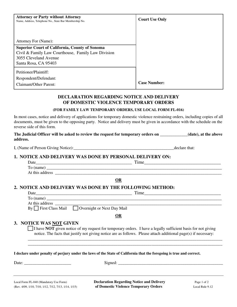 Form FL-040 Declaration Regarding Notice and Delivery of Domestic Violence Temporary Orders - County of Sonoma, California, Page 1
