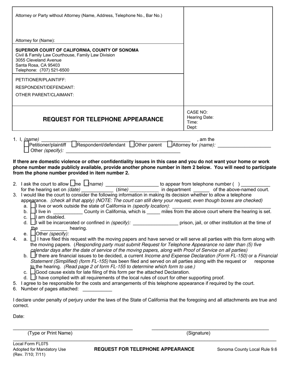 Form FL-075 Request for Telephone Appearance - County of Sonoma, California, Page 1