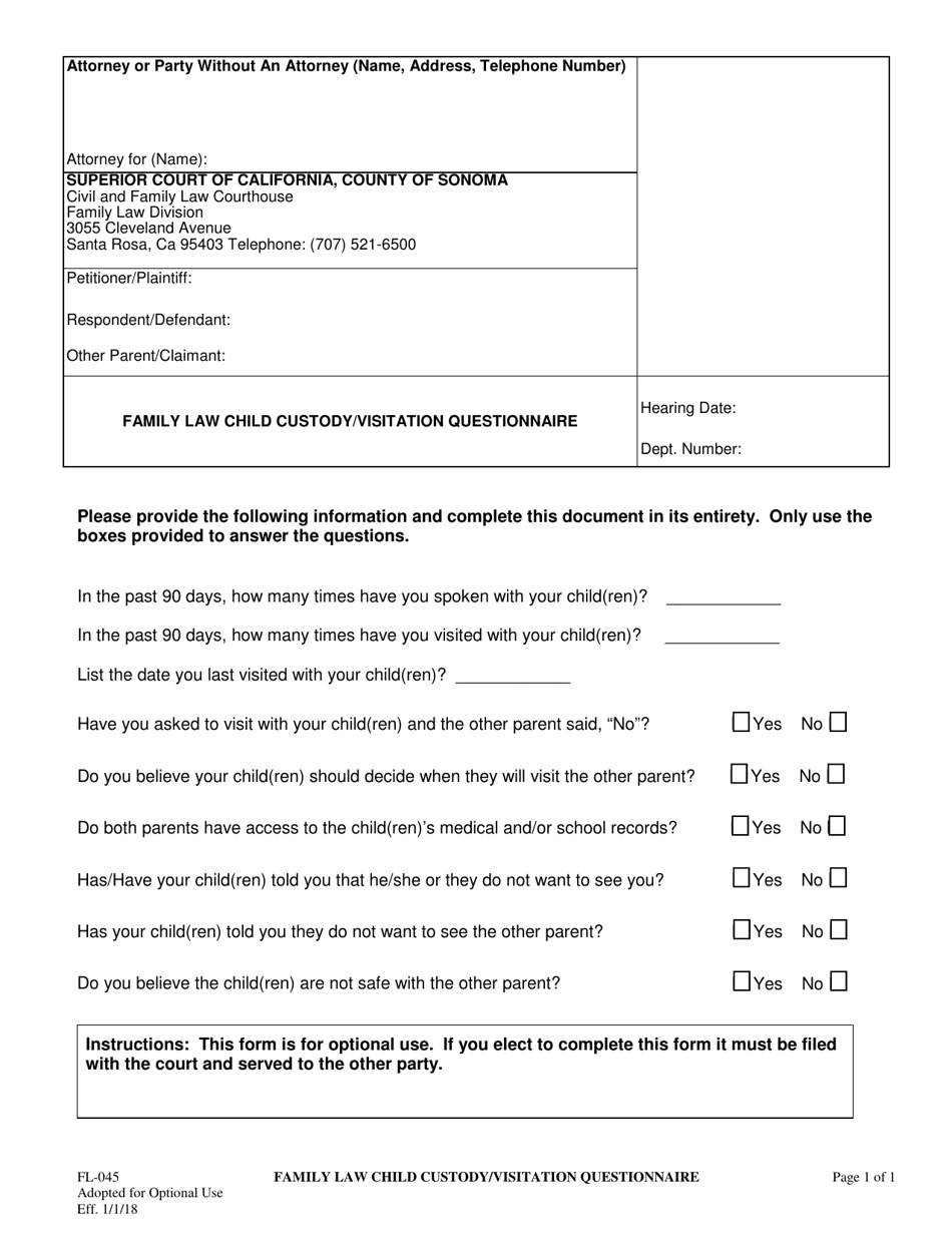 Form FL-045 Family Law Child Custody / Visitation Questionnaire - County of Sonoma, California, Page 1