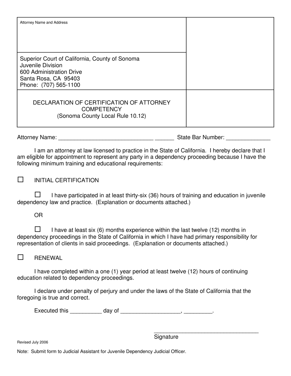 Form JC-104 Declaration of Certification of Attorney Competency - County of Sonoma, California, Page 1