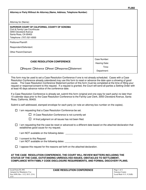 Form FL-092 Request to Reset/Advance/Set Case Resolution Conference - County of Sonoma, California