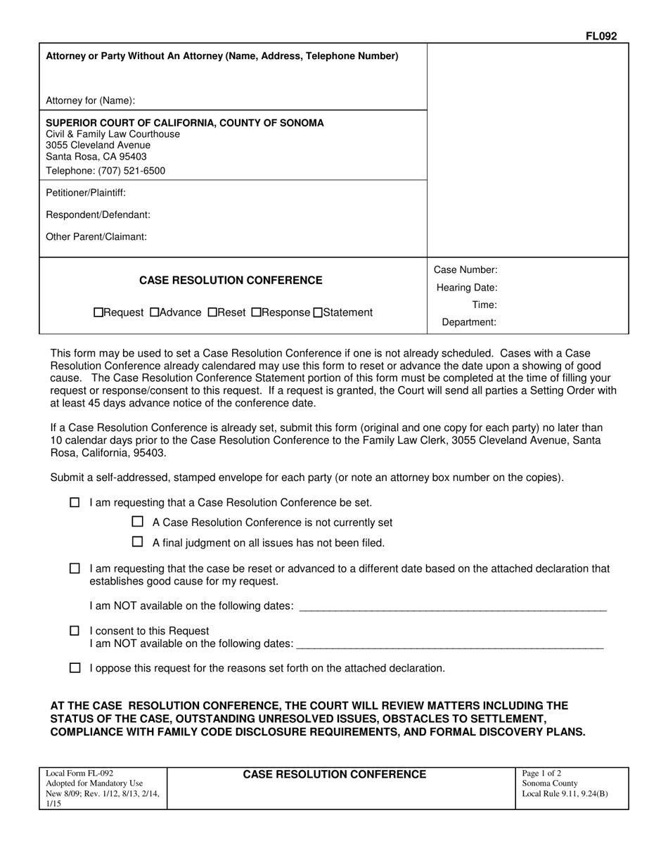 Form FL-092 Request to Reset / Advance / Set Case Resolution Conference - County of Sonoma, California, Page 1