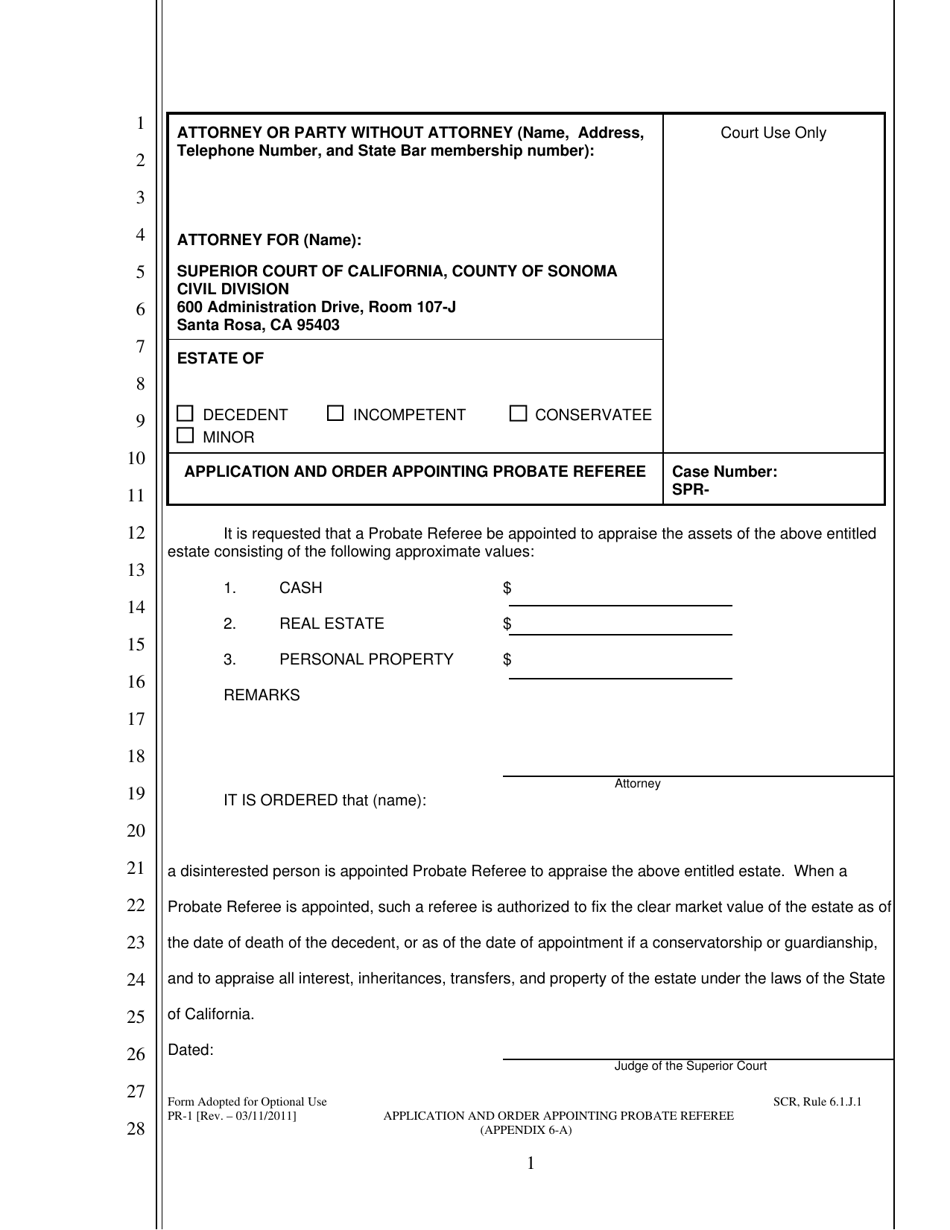 Form PR-1 Application and Order Appointing Probate Referee - County of Sonoma, California, Page 1