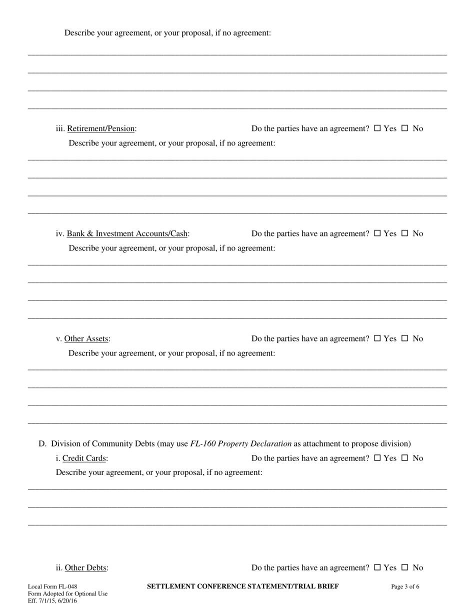 Form FL048 Settlement Conference Statement / Trial Brief - County of Sonoma, California, Page 3