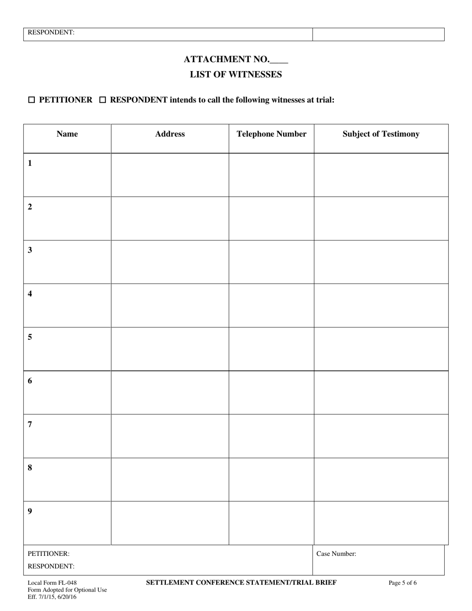 Form FL048 Settlement Conference Statement / Trial Brief - County of Sonoma, California, Page 5