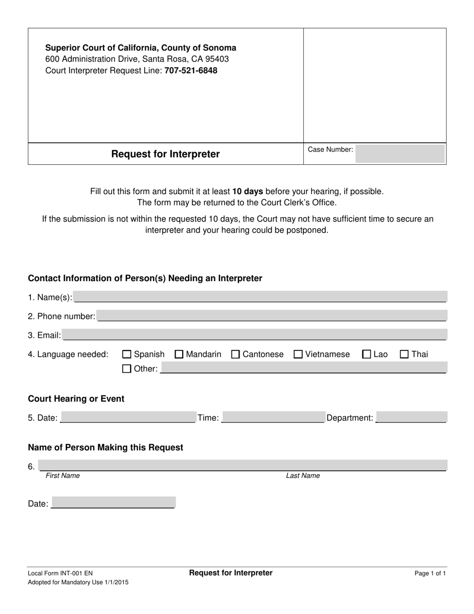 Form INT-001 Request for Interpreter - County of Sonoma, California, Page 1