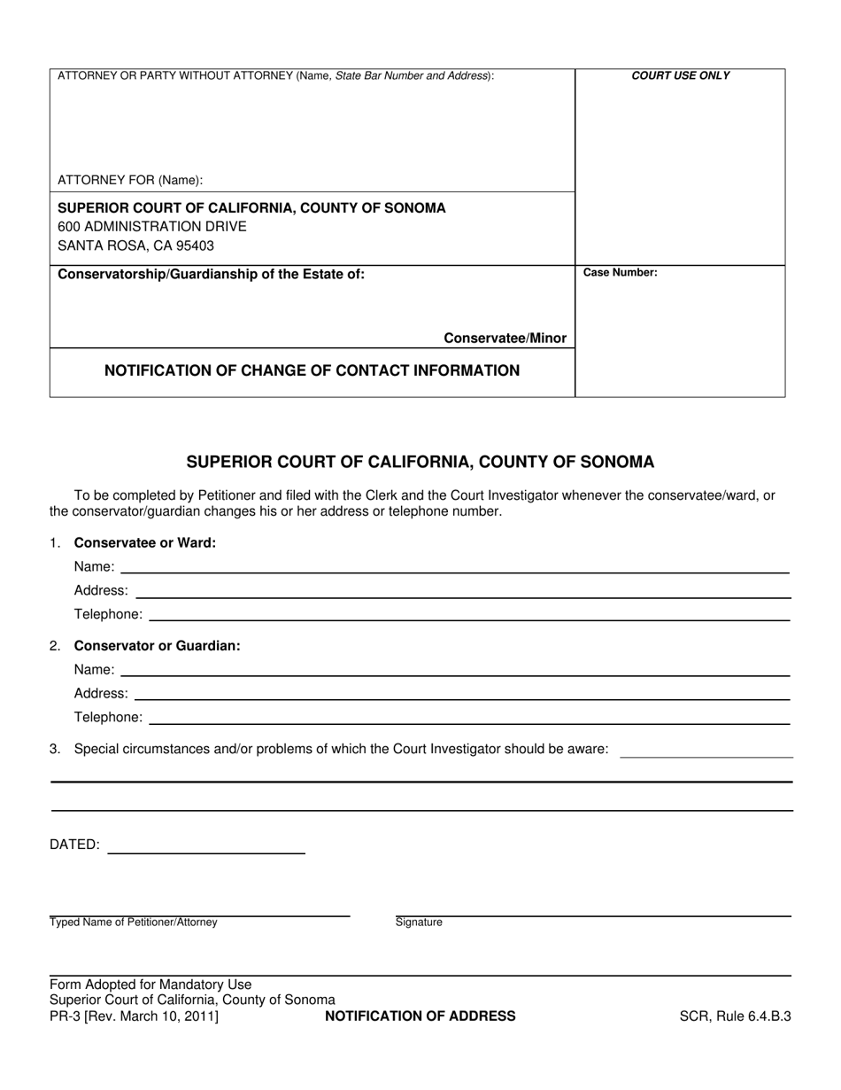 Form PR-3 Notification of Change of Contact Information - County of Sonoma, California, Page 1