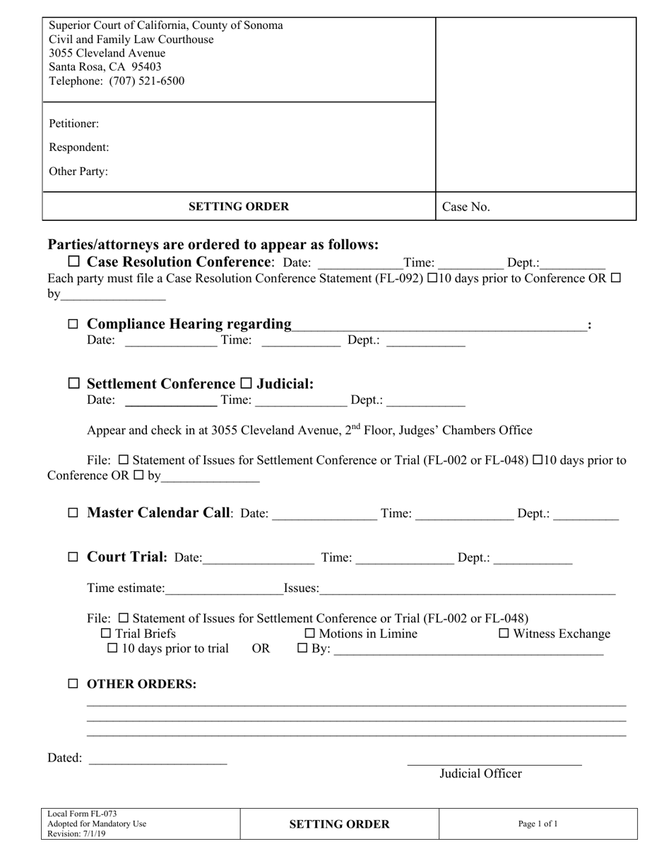 Form FL073 Setting Order - County of Sonoma, California, Page 1