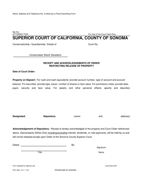 Form PR-5 Receipt and Acknowledgements of Order Restricting Release of Property - County of Sonoma, California
