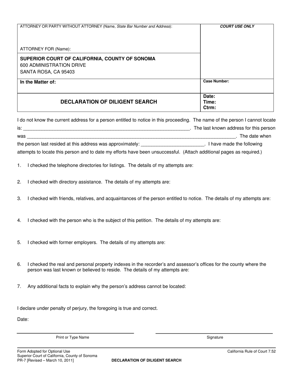 Form PR-7 Declaration of Diligent Search - County of Sonoma, California, Page 1
