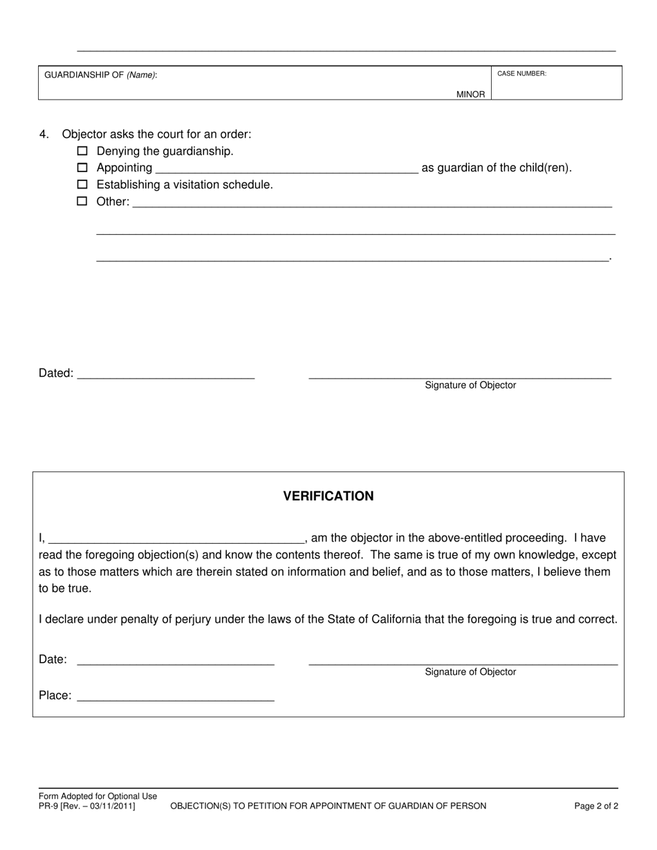 Form PR-9 Objection(S) to Petition for Appointment of Guardian of the Person - County of Sonoma, California, Page 2