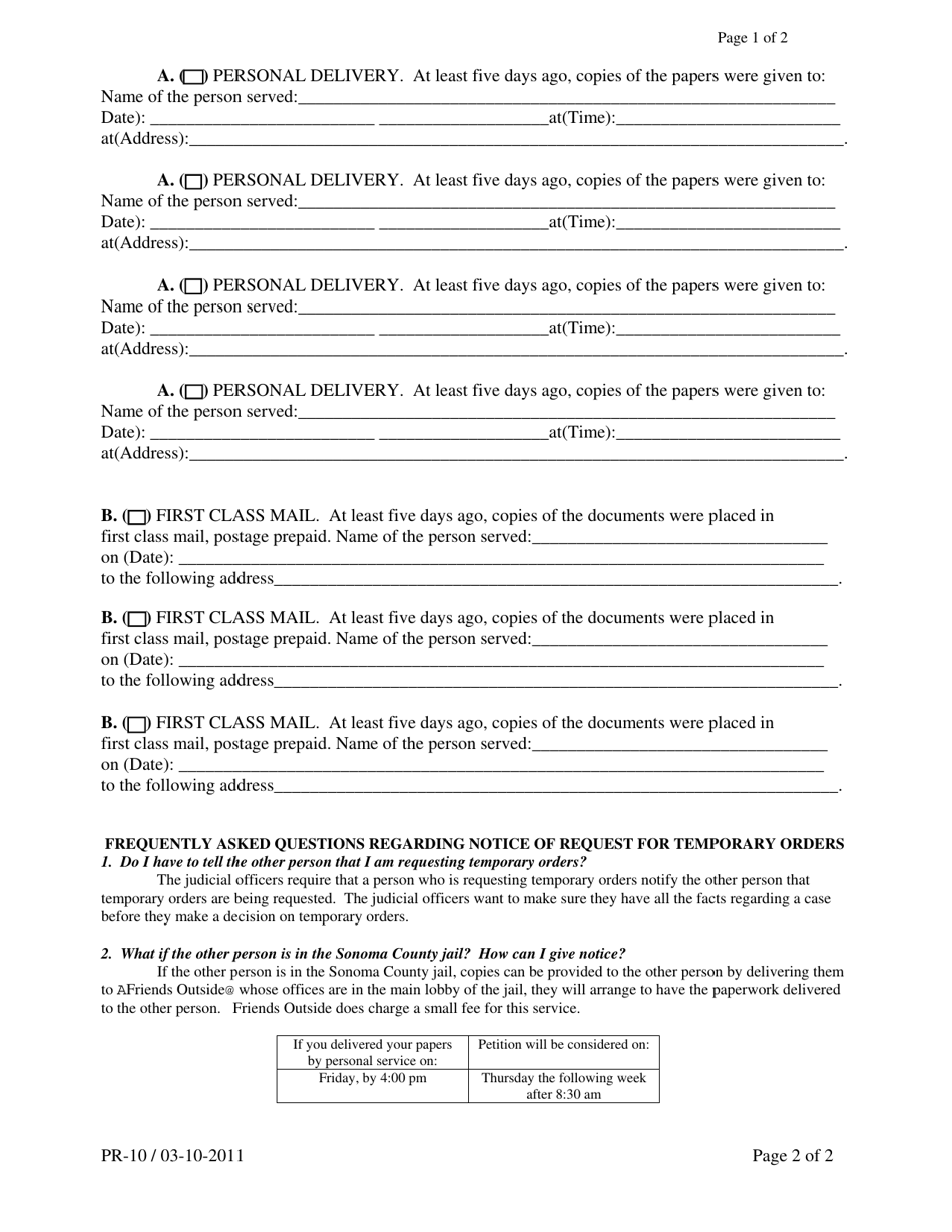 Form PR-10 Declaration Regarding Notice of Request for Guardianship Temporary Orders - County of Sonoma, California, Page 2