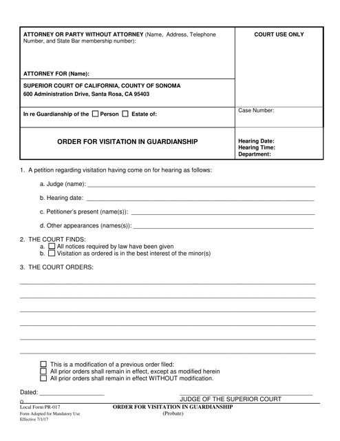 Form PR-17 Order for Visitation in Guardianship - County of Sonoma, California