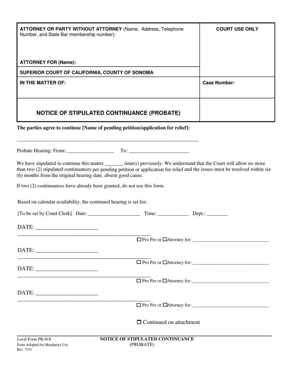 Form PR-18 Notice of Stipulated Continuance (Probate) - County of Sonoma, California, Page 1