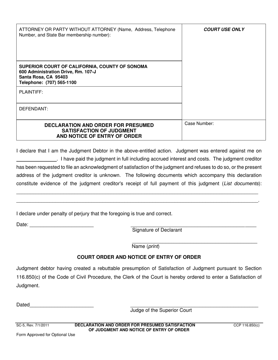 Form SC-5 Declaration and Order for Presumed Satisfaction of Judgment and Notice of Entry of Order - County of Sonoma, California, Page 1