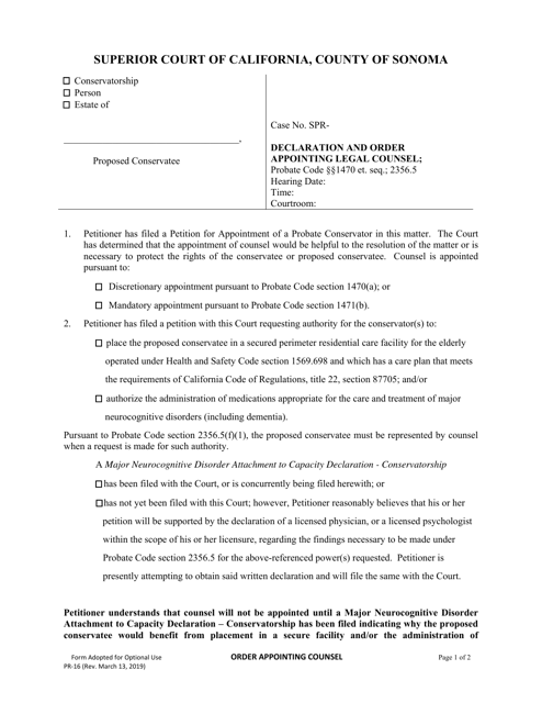 Form PR-16 Declaration and Order Appointing Legal Counsel - County of Sonoma, California